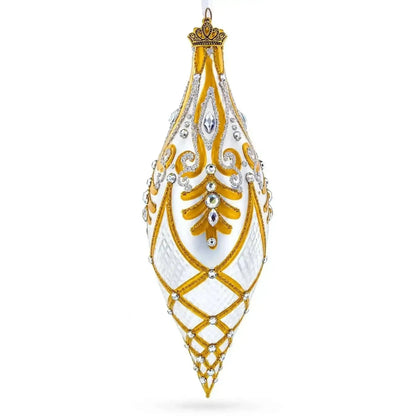 Gold & White Baroque-Style Gem-Encrusted Elongated Pointed Teardrop Finial Glass Christmas Ornament Cartsfy Inc.