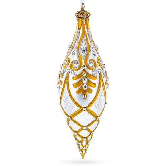 Gold & White Baroque-Style Gem-Encrusted Elongated Pointed Teardrop Finial Glass Christmas Ornament Cartsfy Inc.