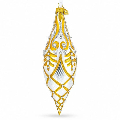 Gold & White Baroque-Style Gem-Encrusted Elongated Pointed Teardrop Finial Glass Christmas Ornament Cartsfy Inc.