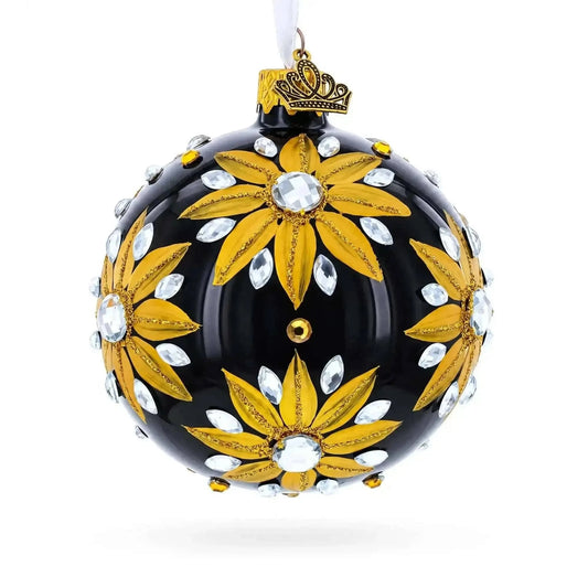 Golden Glitter Sunflower with Crystal Embellishments Glass Ball Christmas Ornament 3.25 Inches Cartsfy Inc.