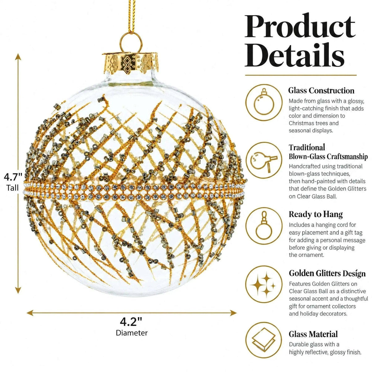 Golden Glitters on Clear Glass Ball Glass Christmas Ornament BestPysanky Default Title Default Title-