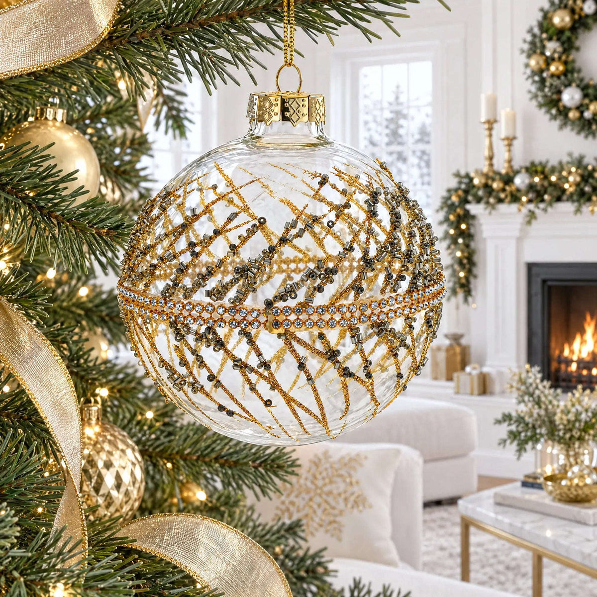 Golden Glitters on Clear Glass Ball Glass Christmas Ornament Cartsfy Inc.