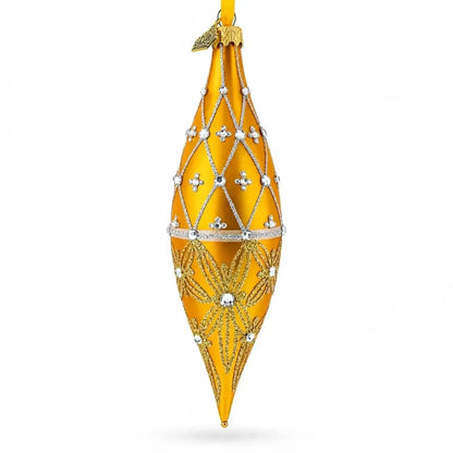Golden Lattice and Floral Pattern Jeweled Elongated Pointed Teardrop Finial Glass Christmas Ornament Cartsfy Inc.