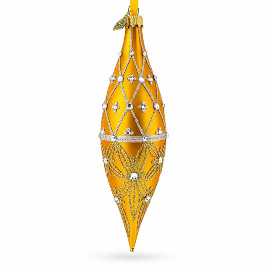 Golden Lattice and Floral Pattern Jeweled Elongated Pointed Teardrop Finial Glass Christmas Ornament Cartsfy Inc.