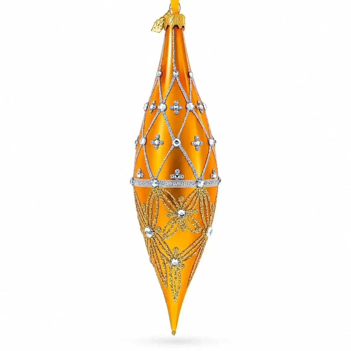 Golden Lattice and Floral Pattern Jeweled Elongated Pointed Teardrop Finial Glass Christmas Ornament Cartsfy Inc.