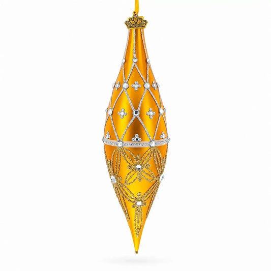 Golden Lattice and Floral Pattern Jeweled Elongated Pointed Teardrop Finial Glass Christmas Ornament Cartsfy Inc.