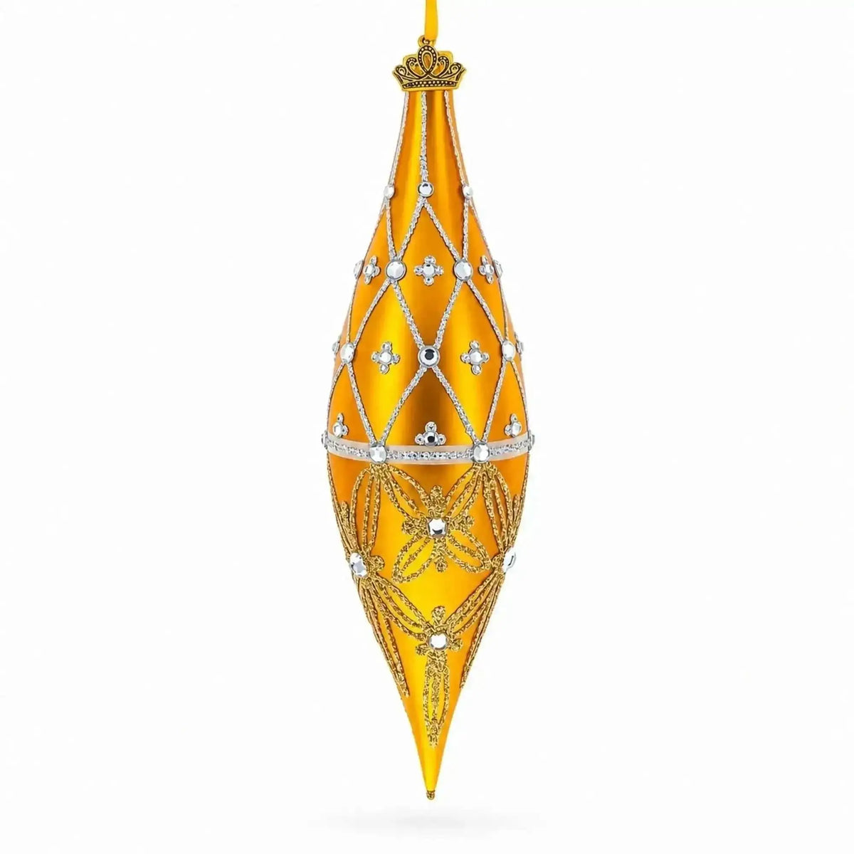 Golden Lattice and Floral Pattern Jeweled Elongated Pointed Teardrop Finial Glass Christmas Ornament Cartsfy Inc.