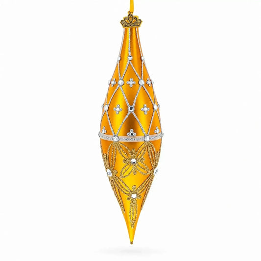 Golden Lattice and Floral Pattern Jeweled Elongated Pointed Teardrop Finial Glass Christmas Ornament Cartsfy Inc.