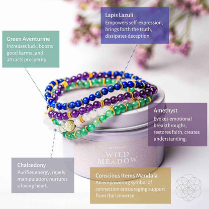 Beaded bracelet set with gold charm, purple and blue with green and white accent beads