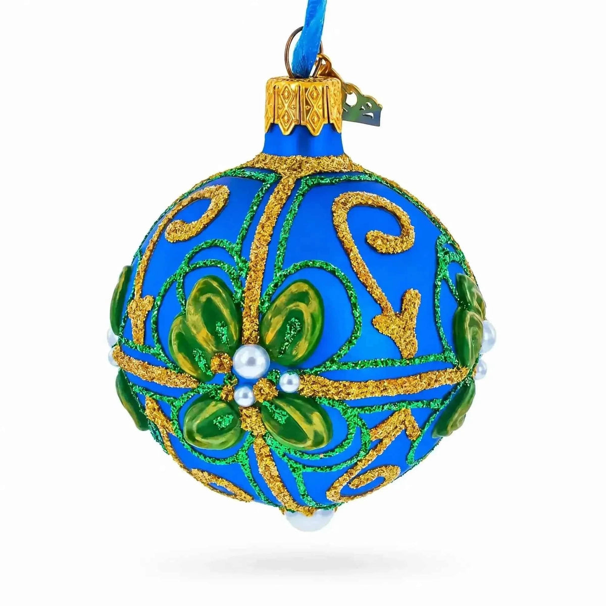 Green & Gold Glitter Pearls & Floral Accents Blue Glass Ball Christmas Ornament 2.4 Inches