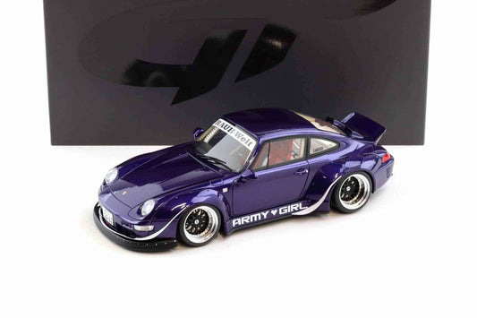 Purple metallic 1:18 die-cast sports car model with Army Girl decals, front three-quarter view