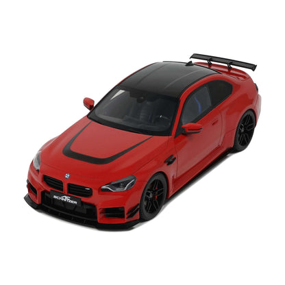 Red die-cast sports car model 3/4 front view with black roof and hood stripe