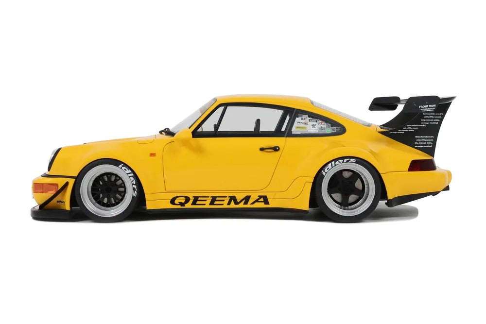 Yellow 1:18 scale Porsche 911 RWB diecast side profile with QEEMA and black wheels