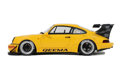 Yellow 1:18 scale Porsche 911 RWB diecast side profile with QEEMA and black wheels
