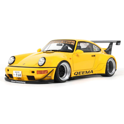 Yellow 1:18 scale Porsche 911 RWB diecast front view with QEEMA on the side
