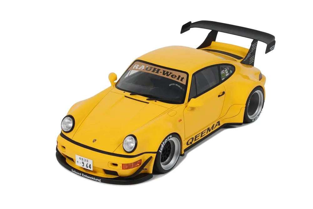 Yellow 1:18 scale Porsche 911 RWB diecast front three-quarter view with front splitter