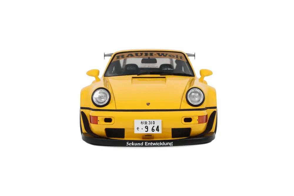 Yellow 1:18 scale Porsche 911 RWB diecast front center view with round headlights