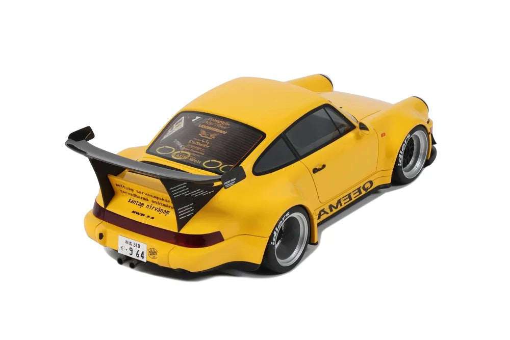 Yellow 1:18 scale Porsche 911 RWB diecast rear three-quarter view with black hood graphics