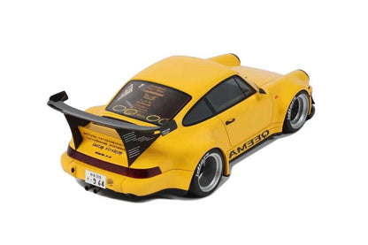 Yellow 1:18 scale Porsche 911 RWB diecast rear three-quarter view with black hood graphics