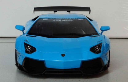 Baby blue die-cast sports car model front view with angular headlights