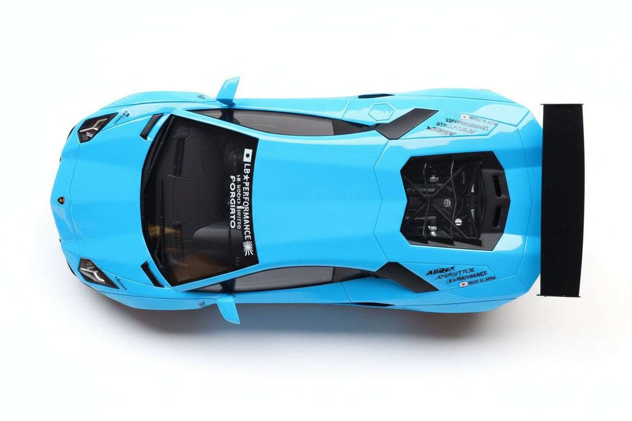 Baby blue die-cast sports car model top view with black roof and accents
