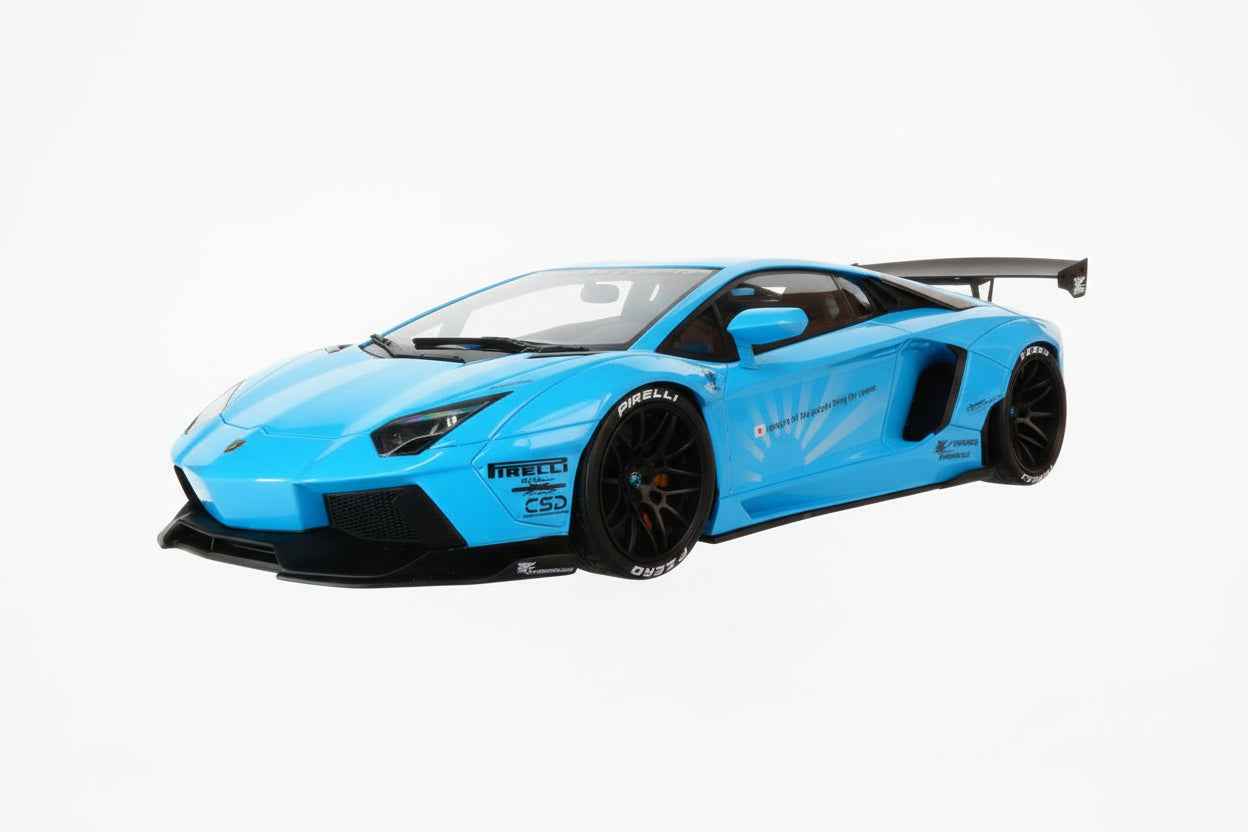 Baby blue die-cast sports car model in 3/4 view with black wheels