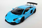 Baby blue die-cast sports car model with front splitter and rear wing