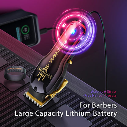 Black-and-gold hair clipper with illuminated head, charging with lithium battery