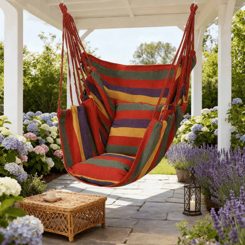 Multicolor striped hammock chair with fringe ropes hanging from a porch beam