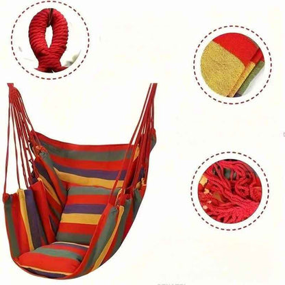 Striped hammock chair with thick red woven rope and colored fabric panels