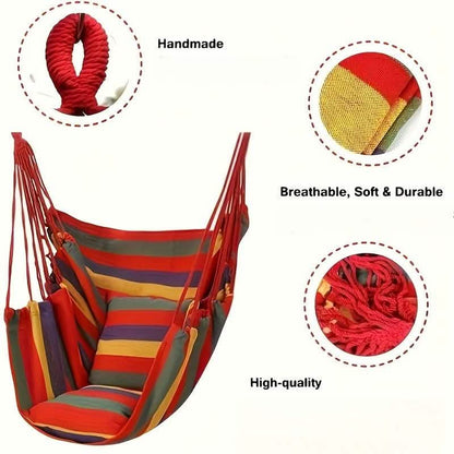 Striped hammock chair with braided red suspension ropes and soft woven seat fabric