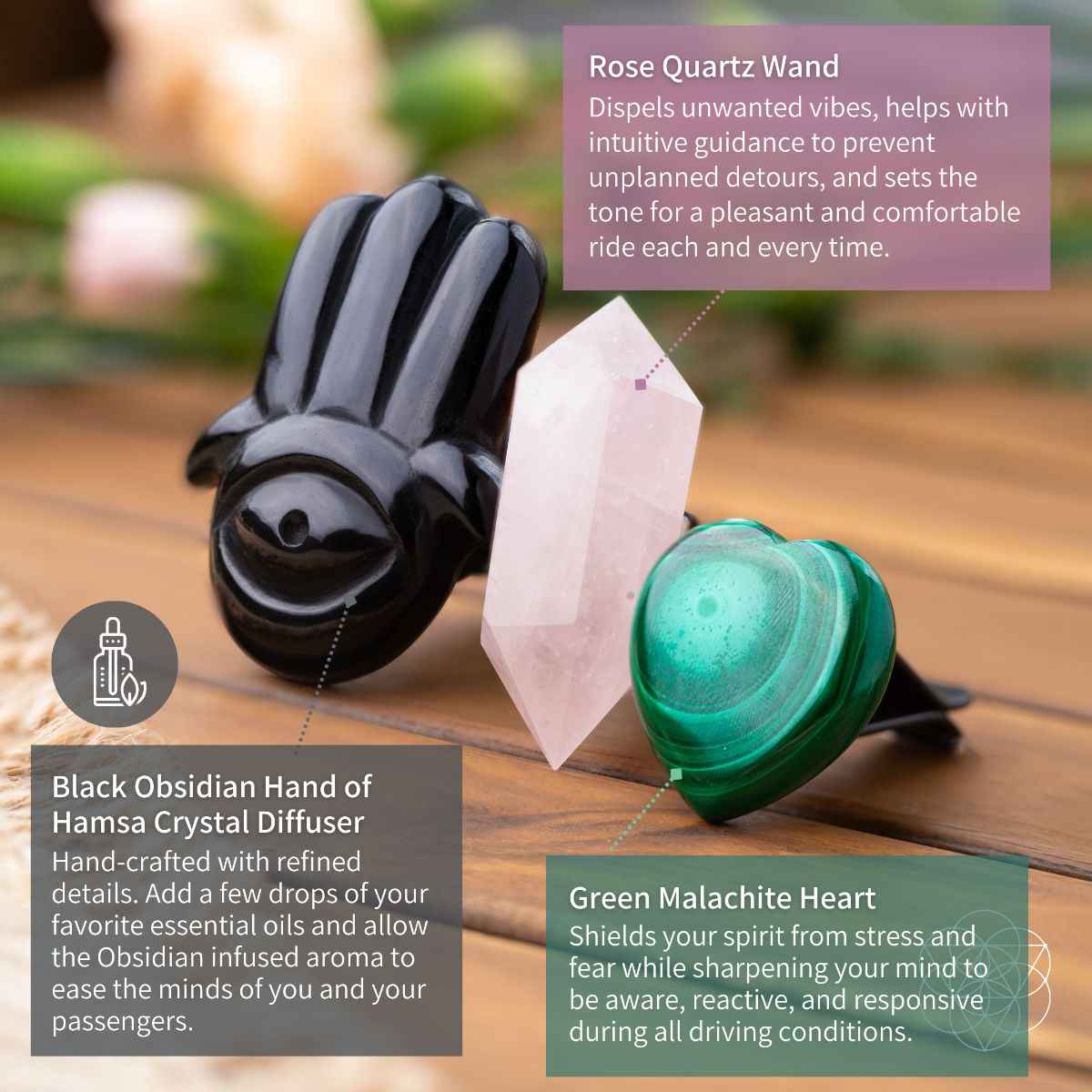 Black hamsa car crystal diffuser with rose quartz point and green malachite heart stone
