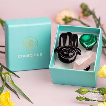 Black hamsa car diffuser set in turquoise gift box with rose quartz point and green heart