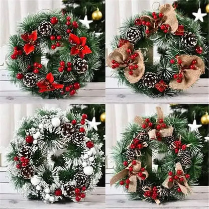 Handmade Christmas wreath set showing multiple designs with pine, red berries, and bows