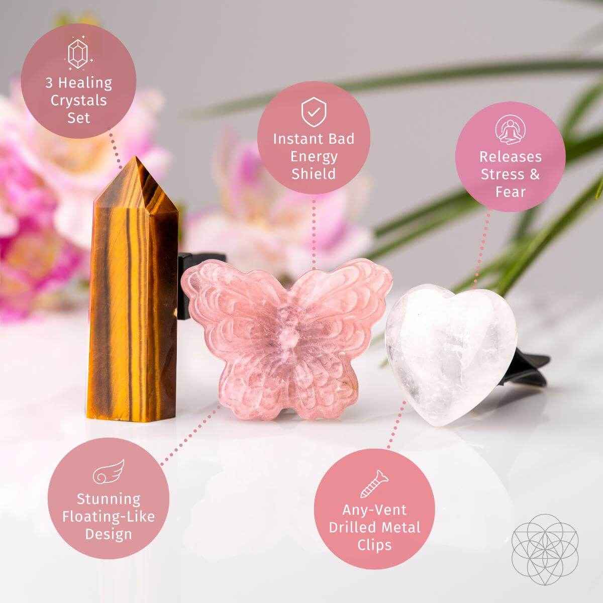 Car crystal safety kit with three hanging pieces: tiger-eye pyramid, butterfly, heart