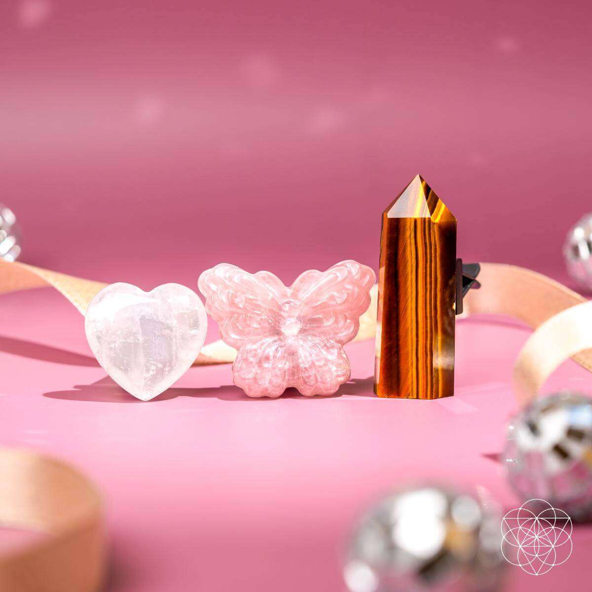Car crystal safety kit: tiger-eye pyramid, heart and butterfly clips