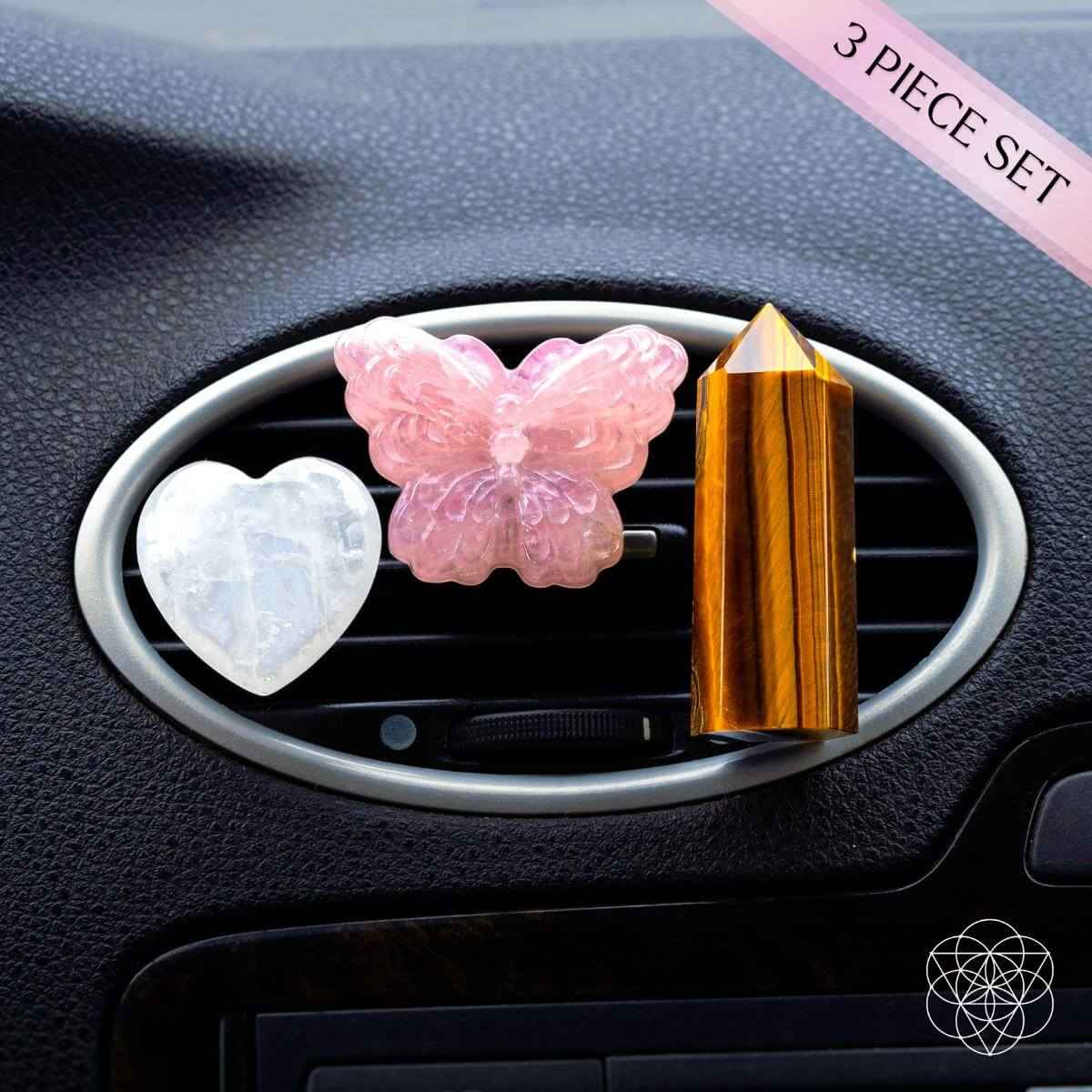 Car air vent crystal set with heart and butterfly pieces plus tiger-eye pyramid