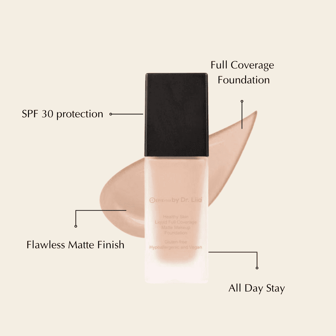 Matte foundation bottle with SPF 30; labeled full coverage and all-day stay