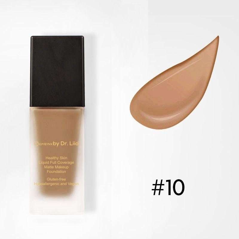 Matte foundation bottle with swatch, shade #10, warm tan