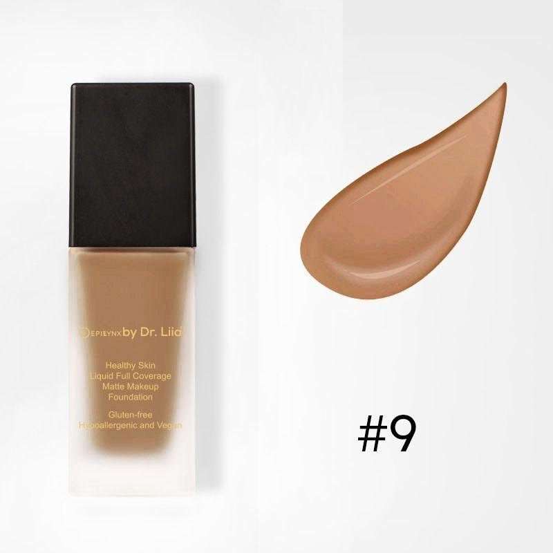 Matte foundation bottle with swatch, shade #9, medium warm beige