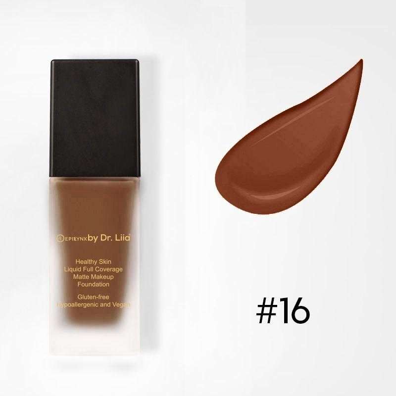 Matte foundation bottle with swatch, shade #16, deep brown