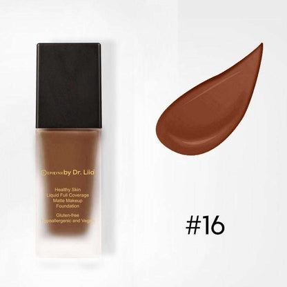 Matte foundation bottle with swatch, shade #16, deep brown