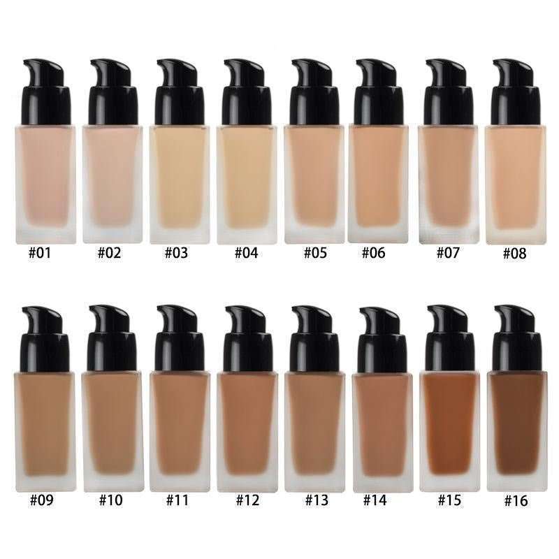 Liquid foundation lineup showing shades #01 to #16 in beige tones