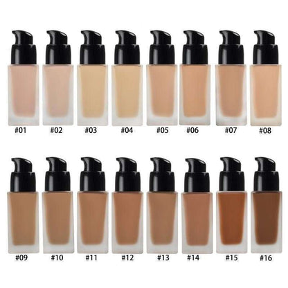 Liquid foundation lineup showing shades #01 to #16 in beige tones