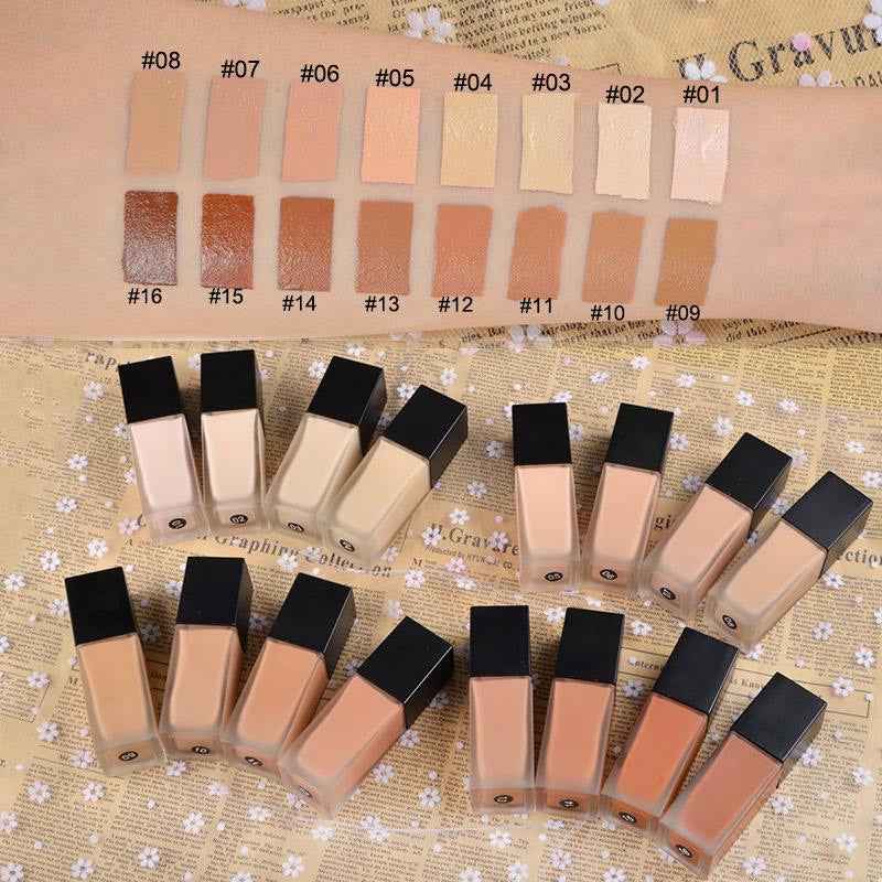 Set of liquid foundation shades #01–#16 with matching swatches