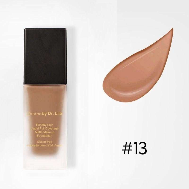 Matte foundation bottle and swatch, #13 deep beige tan