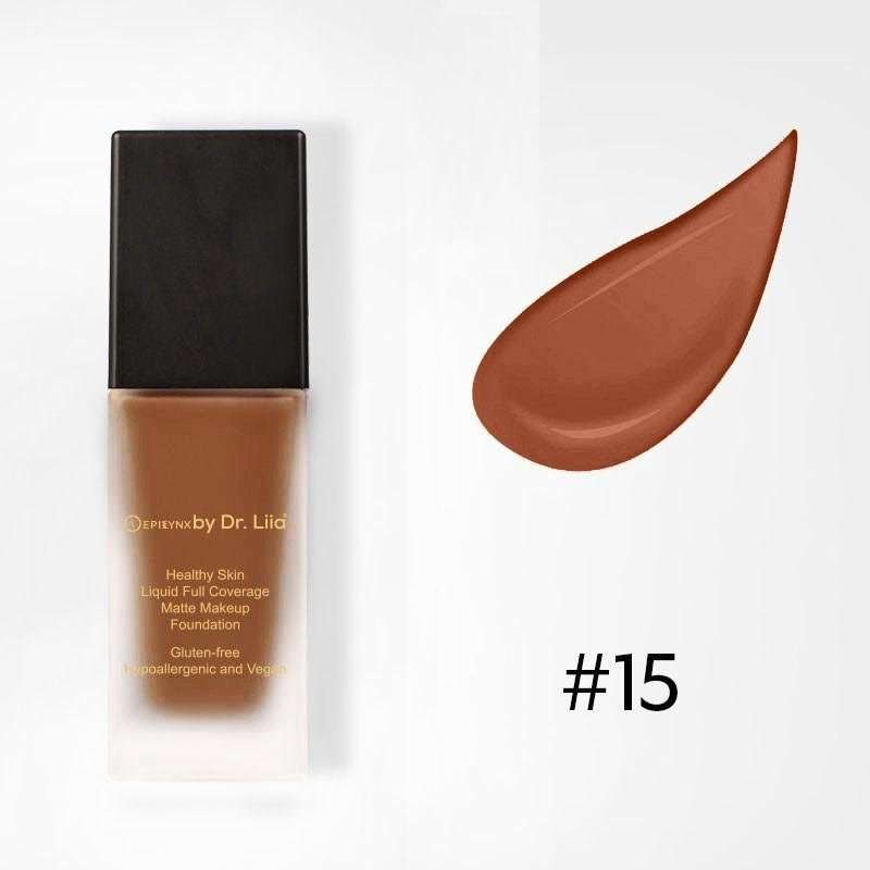 Matte foundation bottle with #15 medium brown liquid swatch, full coverage finish.