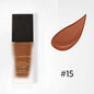 Matte foundation bottle with #15 medium brown liquid swatch, full coverage finish.