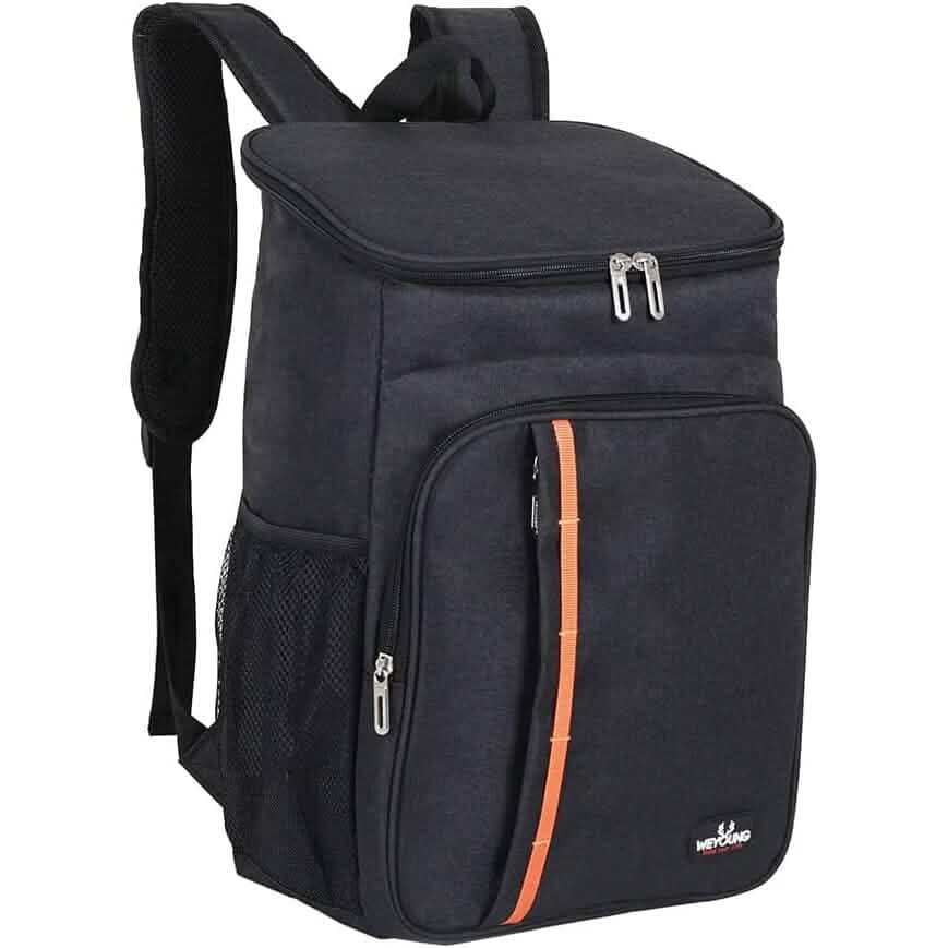 Black cooler backpack with insulated lid, front zip pocket, orange accent stripe.