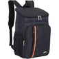 Black cooler backpack with insulated lid, front zip pocket, orange accent stripe.
